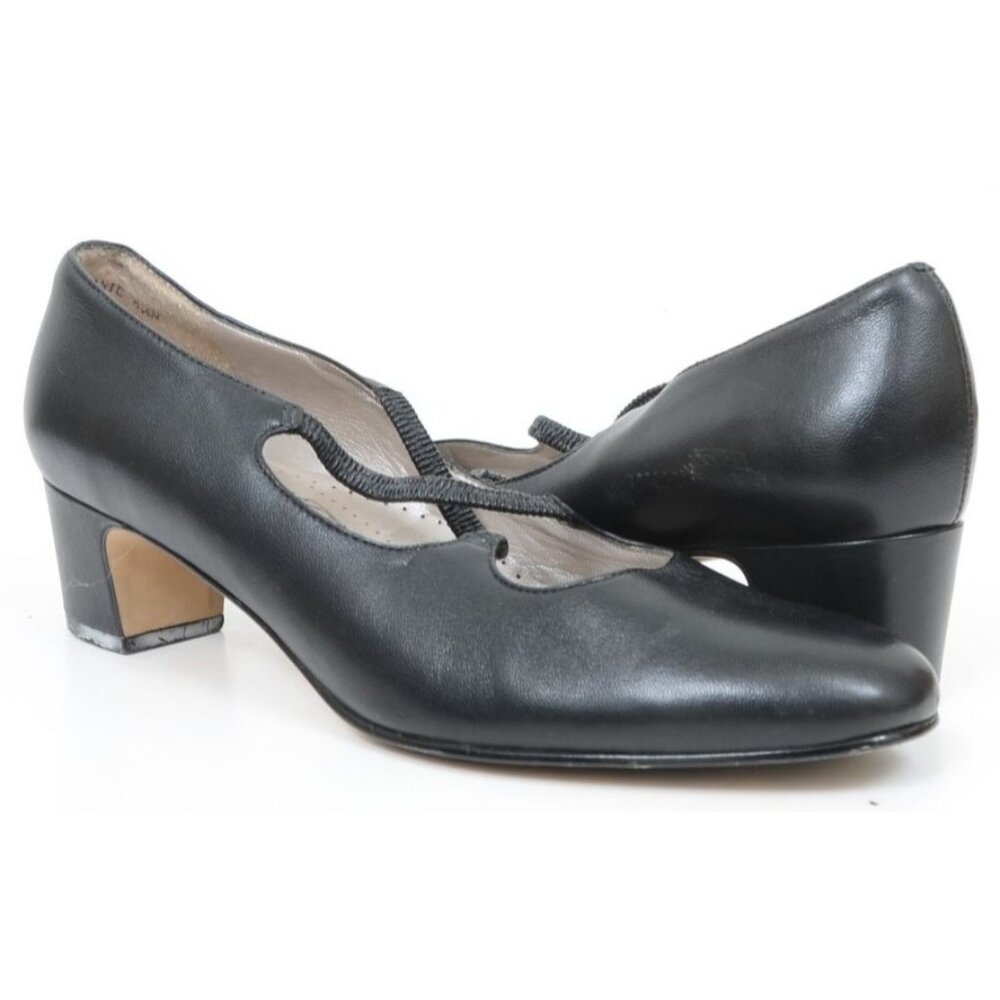 Trotters Jamie Women's 9.5 Narrow Cross-Strap Low Heel Classic Black Pump Brazil